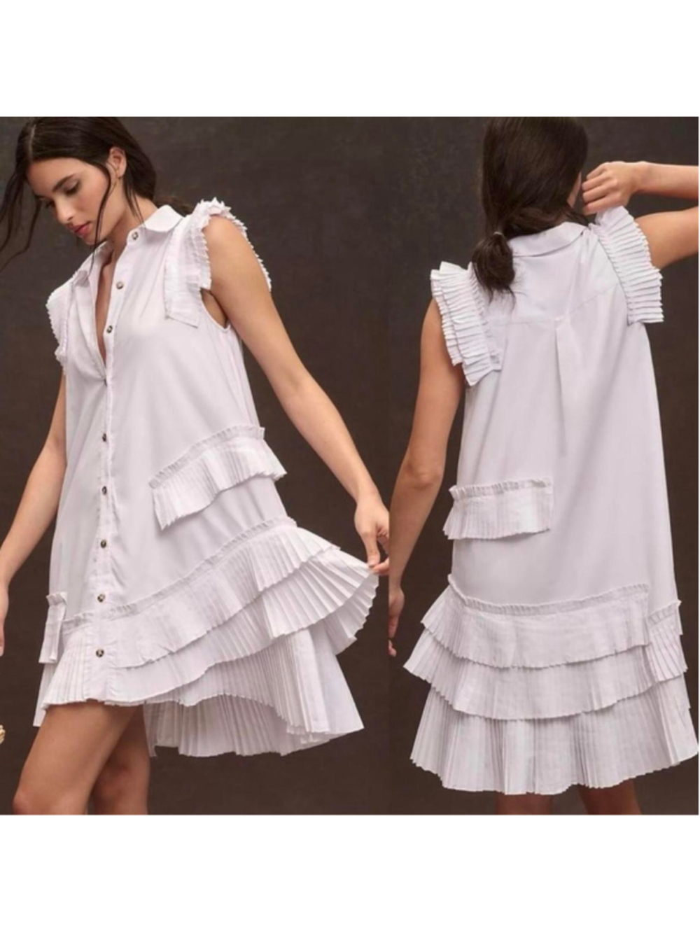 Anthropologie White ruffle sleeveless button down dress - Size XS